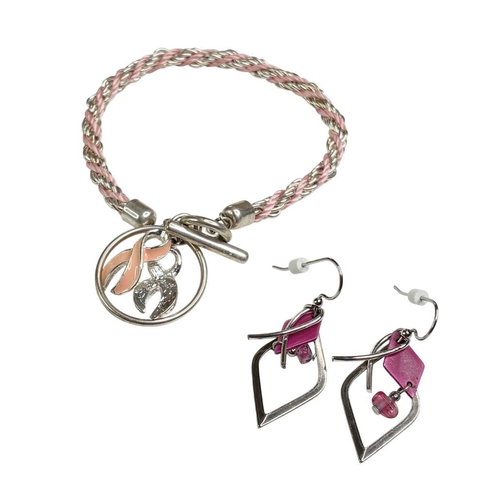 Lot of 2 Breast Cancer Awareness Fashion Jewelry Bracelet & Dangle Earrings